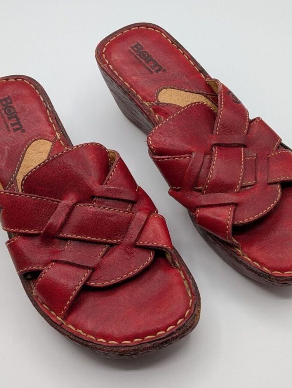 Born Sz 7 EU 38 Red Leather Handcrafted Woven Slide Sandals Comfort Wedge